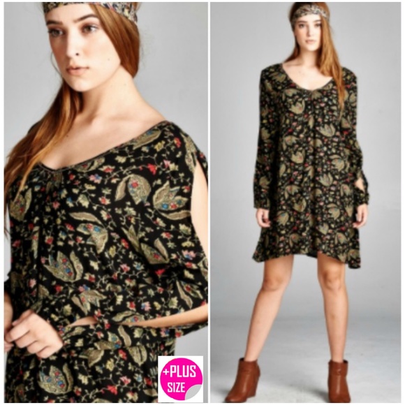 Round neck Boho leaf print tunic/dress 1X,2X,3X - Picture 1 of 5